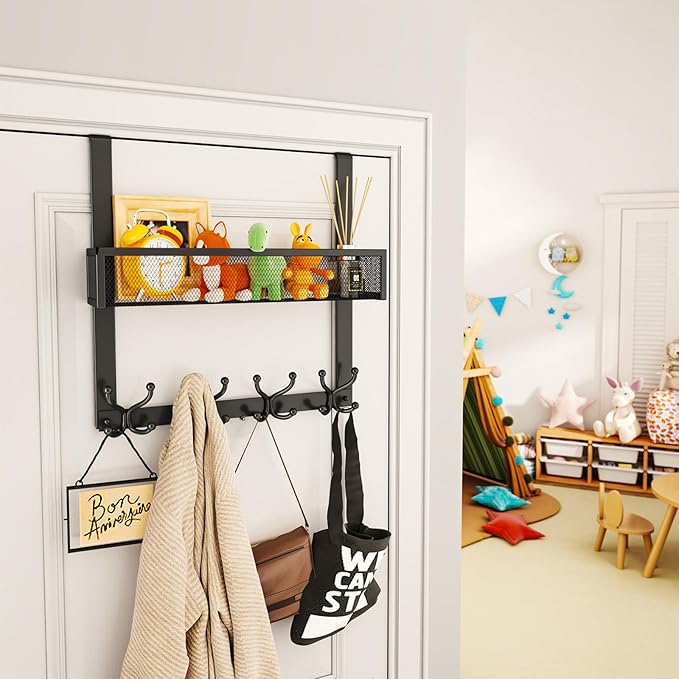 SWTYMIKI Over The Door Hook with 16 Hooks & Mesh Baskets - Heavy Duty Over The Door Organizer Hanger for Towels, Coats, Clothes - Space Saving Hanging Rack for Bathroom, Living Room, Black
