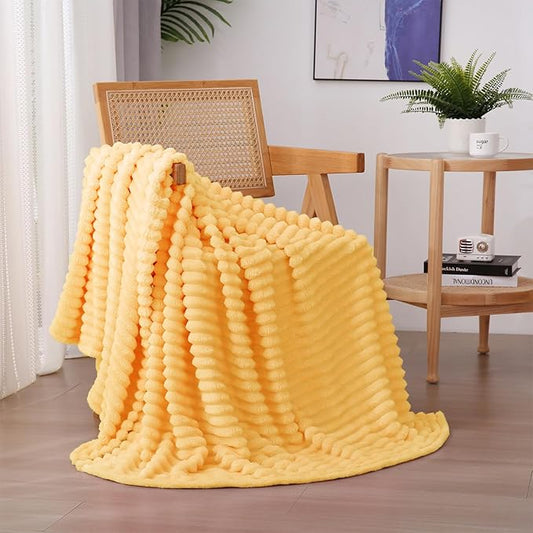 Light Yellow Fleece Throw Blanket 60”×80” for Couch Sofa Bed,Super Soft Cozy Plush Microfiber Flannel Blanket with Stripes Design Lightweight for Adults,Woman,Girls