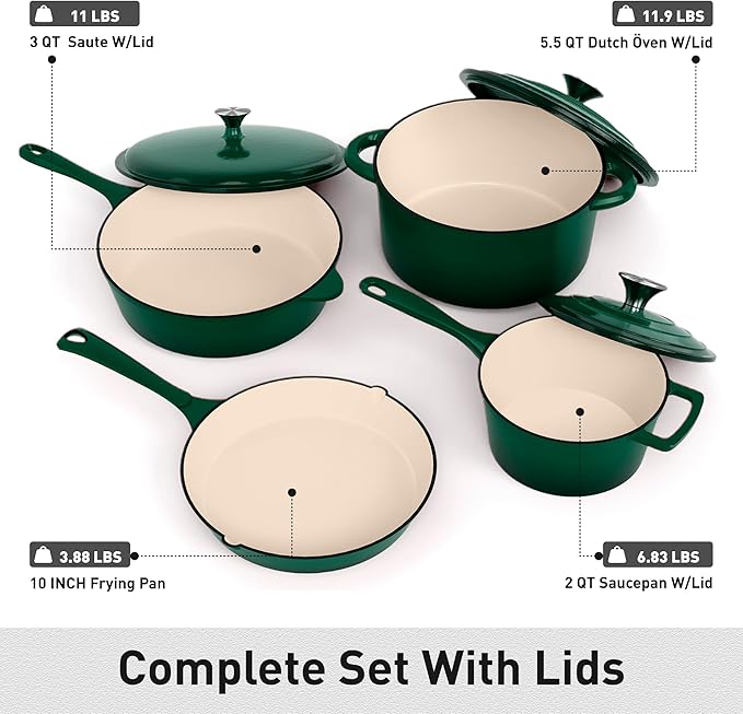 MAISON ARTS 7 Piece Enameled Cast Iron Cookware Set, Induction Dutch Oven Pot with Lid, Emerald Non Toxic Pots and Pans set, PFOA-PFOS Free