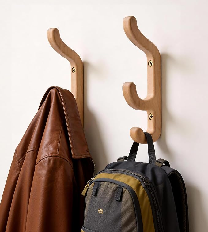 Wooden Wall Hook for Coat and Towel – 2 Pack Beech Wood Hooks for Heavy Bags, Towels, Hats & Clothes, WCH3B, Wall Mounted 3 Curved Hooks Design, Modern Home Decor, Patent Pending, Large