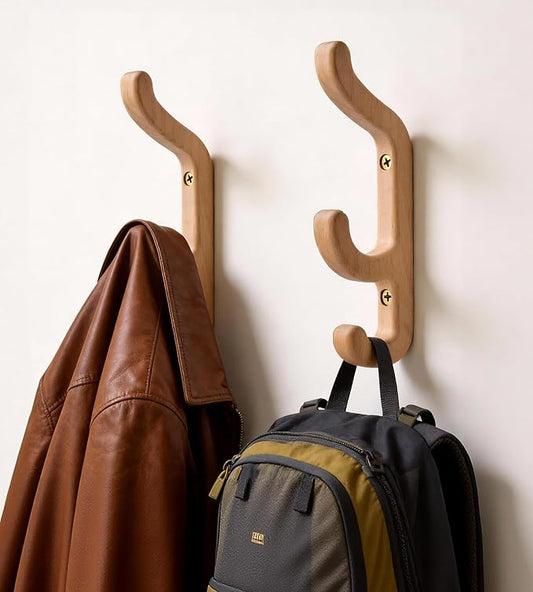 Wooden Wall Hook for Coat and Towel – 2 Pack Beech Wood Hooks for Heavy Bags, Towels, Hats & Clothes, WCH3B, Wall Mounted 3 Curved Hooks Design, Modern Home Decor, Patent Pending, Large