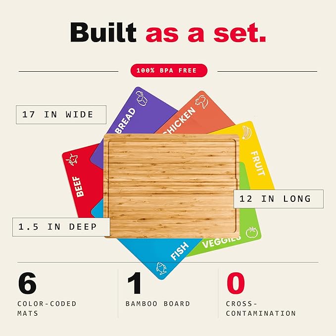 Cooler Kitchen Personalized Cutting Board Set - Custom Engraved Bamboo Charcuterie Board Set with 6 Color-Coded Mats — Engagement Gift, Wedding Gift, Housewarming Gift for Couples & Newlyweds - Large