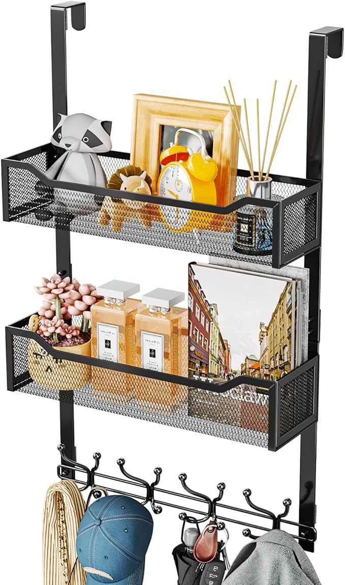 SWTYMIKI Over The Door Hooks Organizer - Multi-Functional Door Hanger with 16 Hooks & 2 Mesh Baskets, Long Coat Rack for Bathroom, Bedroom, Living Room, Home Storage Organizer, Black