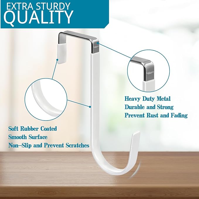 Over The Door Hooks, 4 Pack Steel Door Hangers Hook w/Rubber Coating, Fit 0.7''-1.4'' Door Width, Organizer for Living Room, Bedroom, Bathroom, Kitchen Hanging Clothes, Towels, Hat, Bag