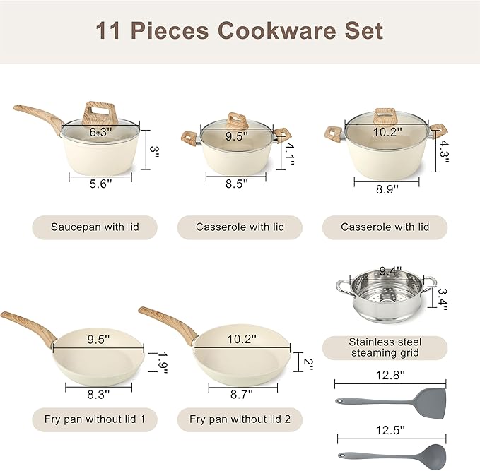 FAB&DELUXE 11Pcs Nonstick Cookware Set, Aluminum Nonstick Pots and Pans with Lids & Wooden Handles, Silicone Spoons & Spatulas, Non-toxic Healthy Kitchen Cooking Sets, PFAS & PFOA Free