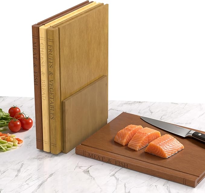 Book Cutting Board Set with Wooden Stand-Wooden Kitchen Cutting Boards That Look Like Books for Vegetables Cheese Meat, Chopping Board Gift Set for Home Cooks & Kitchen Decor