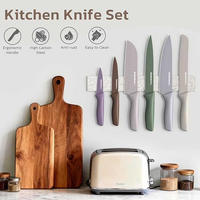 Astercook Knife Set, 13 Pieces Kitchen Knives Set with Healthy Anti-Rust Coating, Dishwasher Safe, Stainless Steel Chef Knife Sets with 6 Blade Guards, Perfect Mothers Day Gifts for Kitchen Morandi