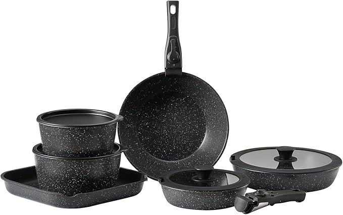VEVOR 17 Piece Pots and Pans Set, Granite Nonstick Detachable Handle Cookware, Space Saving Induction Cookwares, Kitchen RV Cooking Sets with Frying, Sauce, Saute, Tempered Glass Lid, Oven Safe, Black