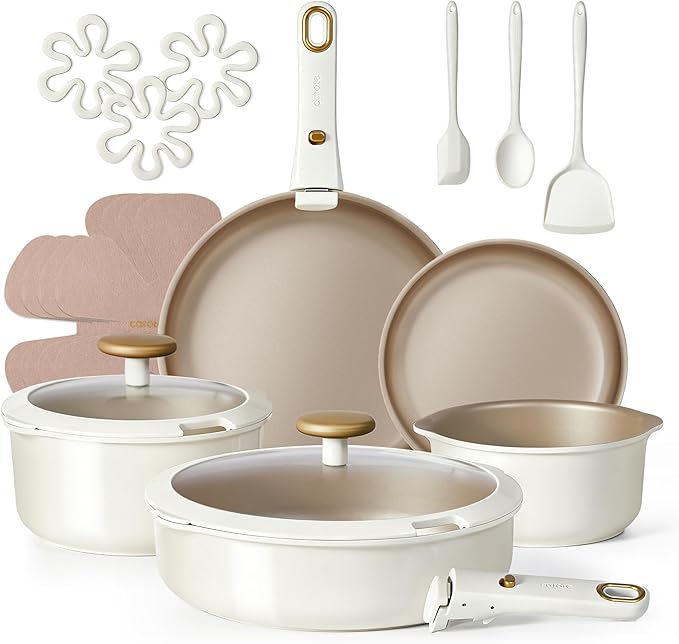 CAROTE 19 Pcs Pots and Pans Set, Nonstick Cookware Sets with Detachable Handle, Titanium Reinforced, Oven Safe, Cookware Non Stick Cooking Set w/Frying Pans & Saucepans White(PFOS, PFOA Free)