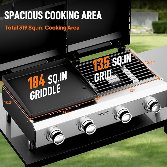 ROVSUN 2-in-1 Propane Gas Grill and Griddle Combo with Lid, 4 Burner Tabletop Flat Top Griddle & Grill with 40000BTU Output, Auto Ignition, Enamel Grate for Outdoor Backyard BBQ Cooking