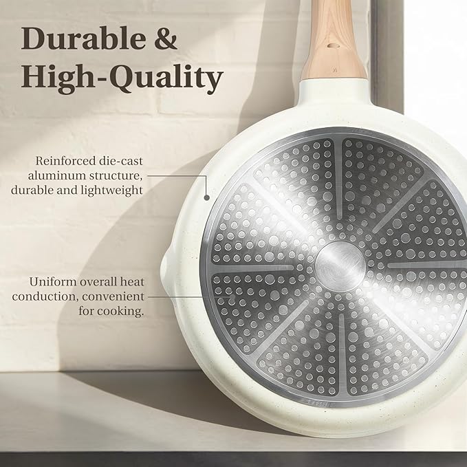 NEWBULIG 25-Piece Nonstick Cookware Set, Granite Pots and Pans with Lids, Induction Compatible Nonstick Cooking Set with Frying Pans & Saucepans, Cream White