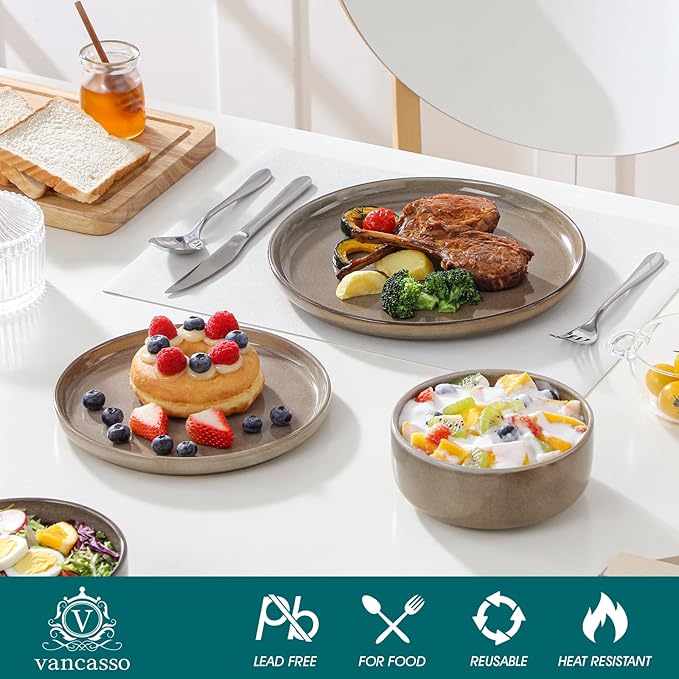vancasso PLAYA Plates and Bowls Sets, 18 Pieces Dark Brown Dinnerware Sets for Kitchen, Reactive Glaze Dishes Set for 6, Dishwasher and Microwave Safe