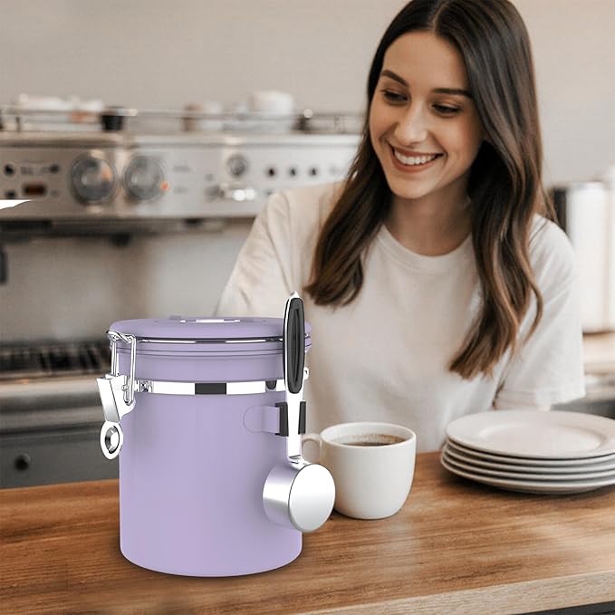 ShanSon Coffee Canister Airtight Coffee Container Stainless Steel Coffee Bean Storage Container with Scoop Coffee Canister for Beans Grounds Sugar Flour Tea Cereal,16OZ, Purple Upgraded Version