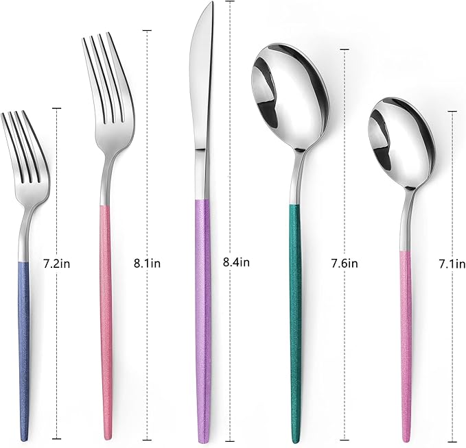 VANVRO Mirror Silver multicolor Silverware Set, 20-Piece Stainless Steel Flatware Set, Satin Finish tableware Cutlery Set, Service for 4, Home and Restaurant, Dishwasher Safe