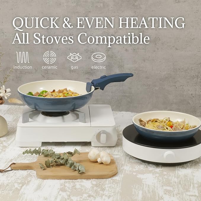 8Pcs Pots and Pans Set Nonstick Ceramic Cookware Set Removable Handle Induction Kitchen Cooking Set with Frying Pans and Sauce Pan, Blue