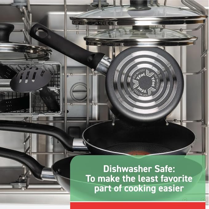 T-fal Initiatives Nonstick Cookware Set 18 Piece, Oven Broiler Safe 350F, Kitchen Cooking Set w/Fry Pans, Saucepans, Stockpots, Skillet, Spoons, Lids Pots and Pans Set Non Stick Dishwasher Safe Black