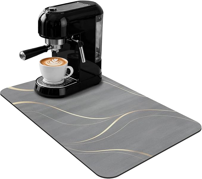 Coffee Mat 32x18 Inch, Irregular Gray Streamline Coffee Bar Mat, Absorbent Hide Stain Rubber Backed Dish Drying Mat for Kitchen Counter, Mat for Countertops, Under Coffee Machine Pot Espresso Staion
