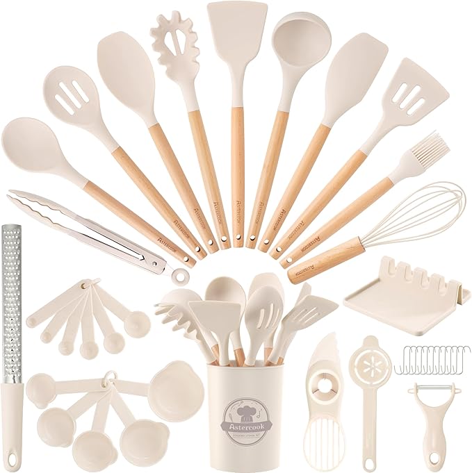 Astercook Kitchen Utensils set, 39 PCS Silicone Cooking Utensils Set with Wooden Handle, 446°F Heat Resistant Food Grade Utensil Sets, BPA Free Kitchen Gadgets Tools Set for Mothers Day Gifts