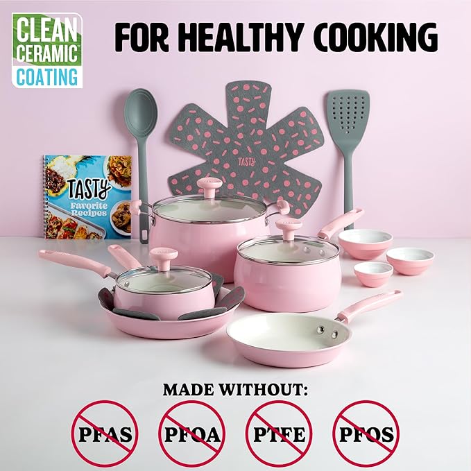 Tasty Clean Ceramic Non-Stick Aluminum Cookware Set, Tempered Glass Lid, Dishwasher Safe, 16-Piece, Pink