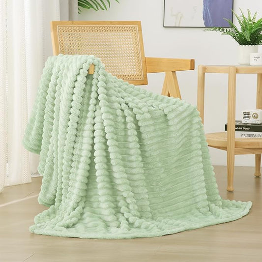 Cream Green Fleece Throw Blanket 50”×60” for Couch Sofa Bed,Super Soft Cozy Plush Microfiber Flannel Blanket with Stripes Design Lightweight for Adults,Woman,Girls