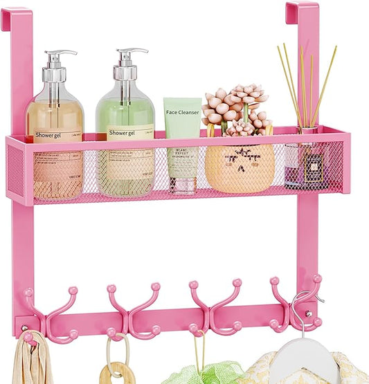 SWTYMIKI Over The Door Hook with 16 Hooks & Mesh Baskets - Heavy Duty Over The Door Organizer Hanger for Towels, Coats, Clothes - Space Saving Hanging Rack for Bathroom, Living Room, Pink