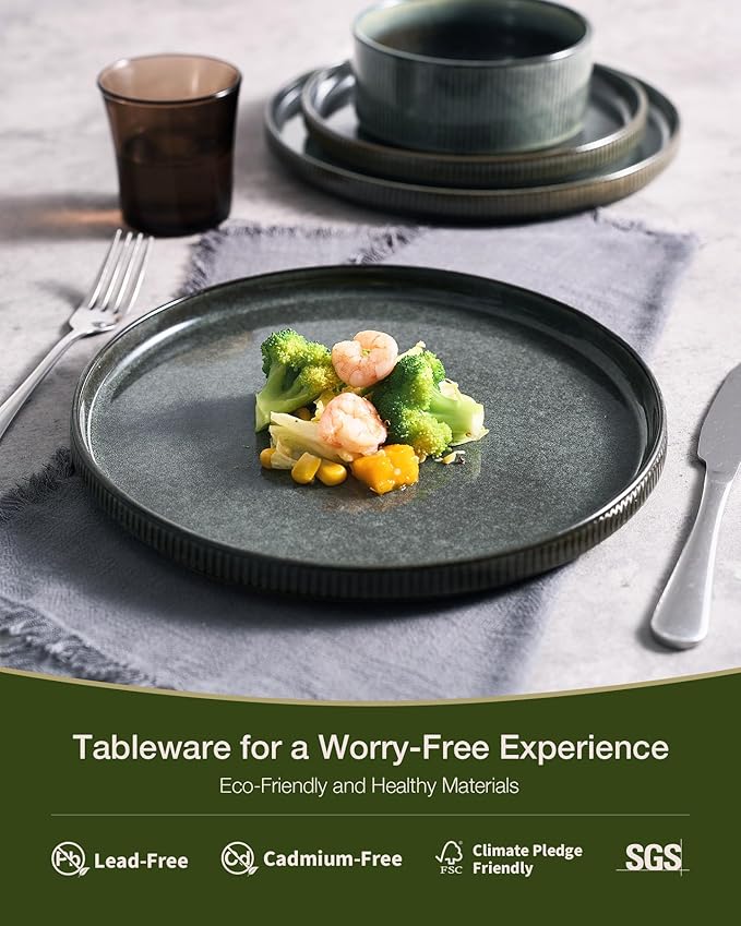 Famiware Star 24-Piece Stoneware Dinnerware Sets, Service for 6 - Shallow Pasta Bowls & Flat Plates, Modern Rustic Reactive Glaze Dishes, Chip/Scratch Resistant, Microwave/Dishwasher Safe, Deep Forest