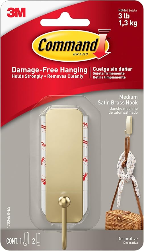 Command Medium Satin Brass Hooks, 1 Hook and 1 Strip, Damage-Free Hanging Wall Hook with Adhesive Strips, No Tools Coat Hooks for Hanging Home Decor, Holds up to 3 lb