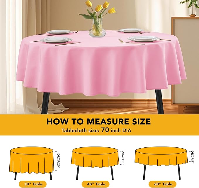 10-Pack Pink Round Tablecloths, 70 Inches, Stain-Resistant Polyester for 3-4 Ft Round Tables - Washable Table Covers for Weddings, Banquets, Birthday Parties, Events
