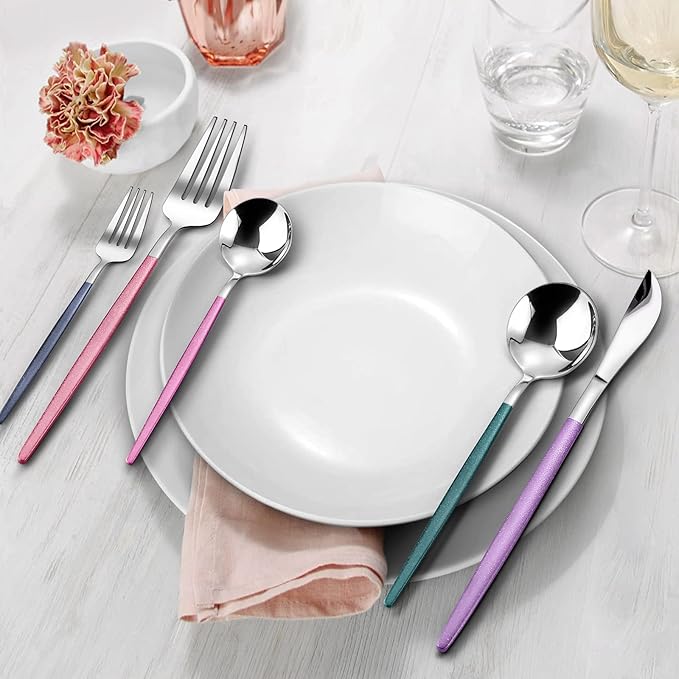 VANVRO Mirror Silver multicolor Silverware Set, 20-Piece Stainless Steel Flatware Set, Satin Finish tableware Cutlery Set, Service for 4, Home and Restaurant, Dishwasher Safe