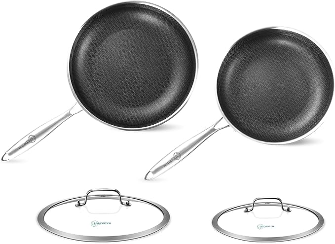 LOLYKITCH 10-12 Inch Tri-ply Hybrid Nonstick Stainless Steel Sauté Pan with Lids,Deep Frying Pan Set,Skillets,Induction Pots and Pans,Heavy Duty and Oven Safe,Detachable Handle.