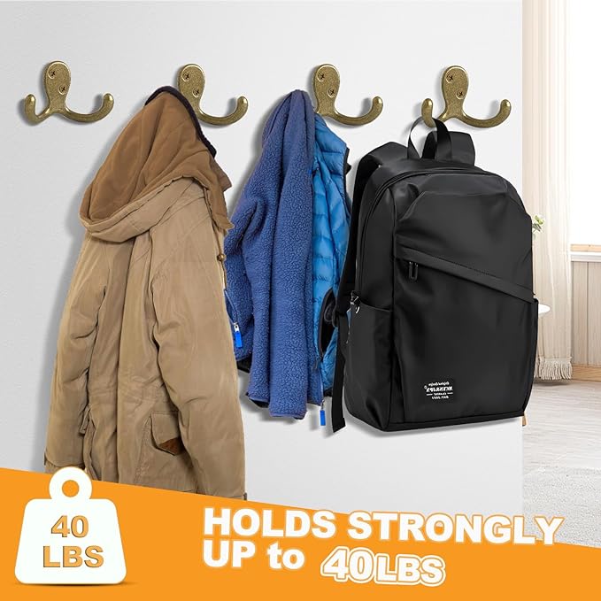 10 Pack Coat Hooks Wall Hooks for Hanging, Heavy Duty Double Prong Metal Hook Wall Mounted for Living Room, Bathroom, Kitchen, Bedroom for Coat, Bag, Scarf, Towel, Hat, Key, Cup (Bronze)