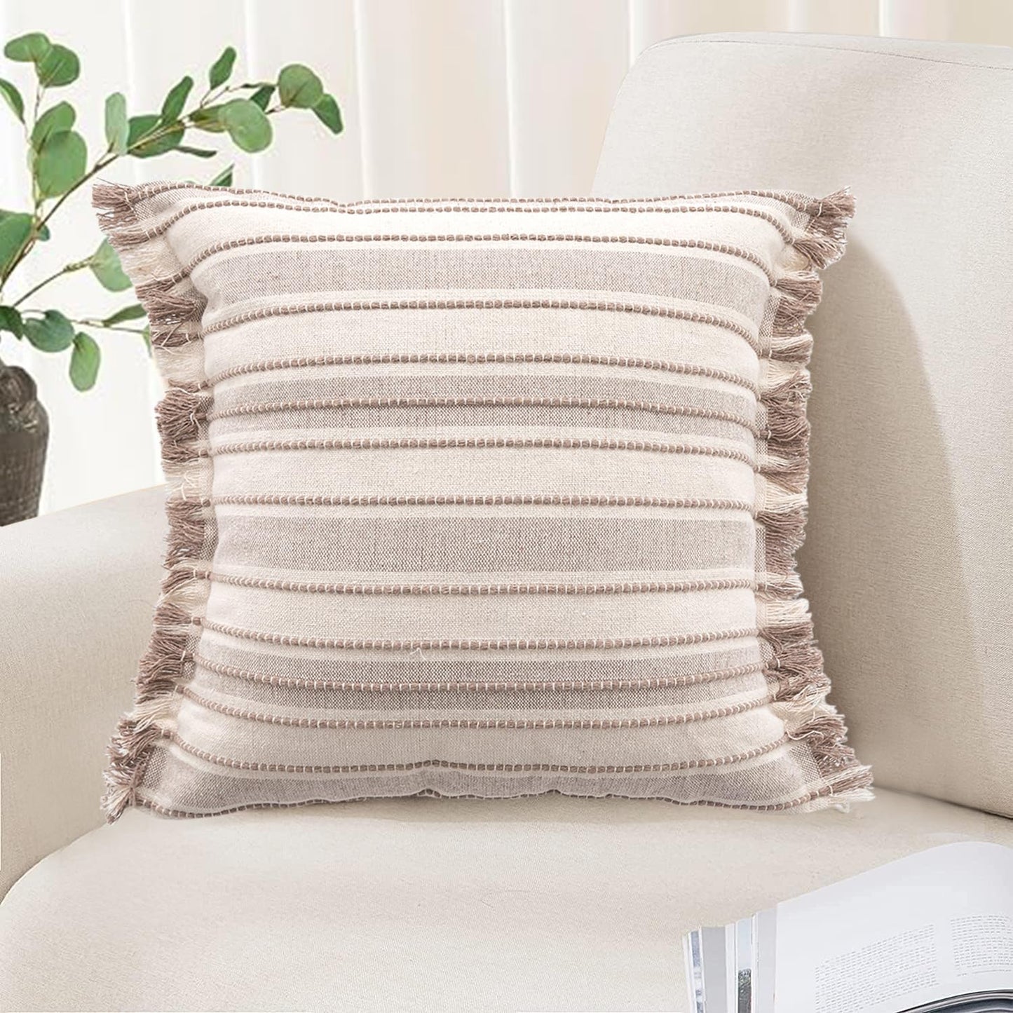 Virexen Boho Throw Pillow Covers 18x18 Beige and Brown Pillow Covers with Fringe Striped Textured Pillow Case Farmhouse Decorative Pillow Covers for Couch Sofa(No Pillow Insert 1PC)