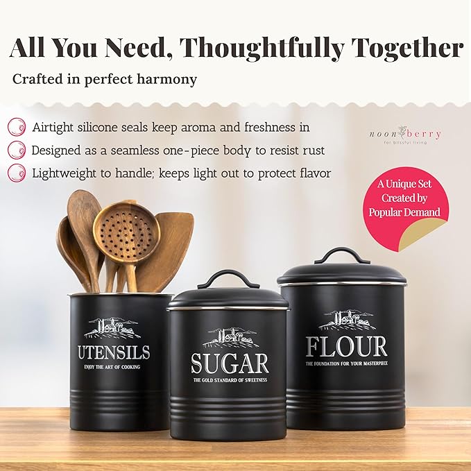 noonberry Kitchen Canisters for Countertop – 3-Piece Airtight Canister Set for the Kitchen Counter with Utensil Holder – Flour Sugar Containers – Matte Black Finish