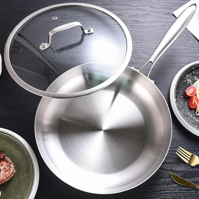 LOLYKITCH 8.5 Inch Tri-ply Stainless Steel Frying Pan with Lid,Skillet,Induction Cooking Pan,Dishwasher and Oven Safe,Riveted Handle