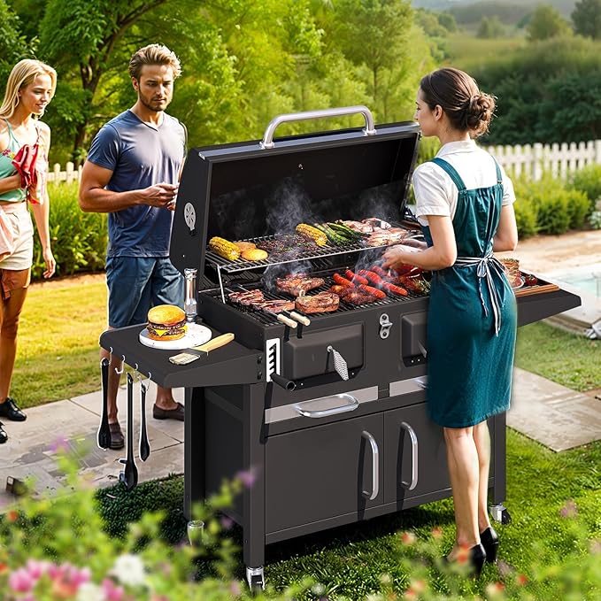 MELLCOM 36 In Large Charcoal Grills - 620 Sq.In Oversized BBQ Area with Storage Cabinet & Individual Lifting Charcoal Trays, Foldable Side Tables and Thermometer for Outdoor, Patio, Balcony