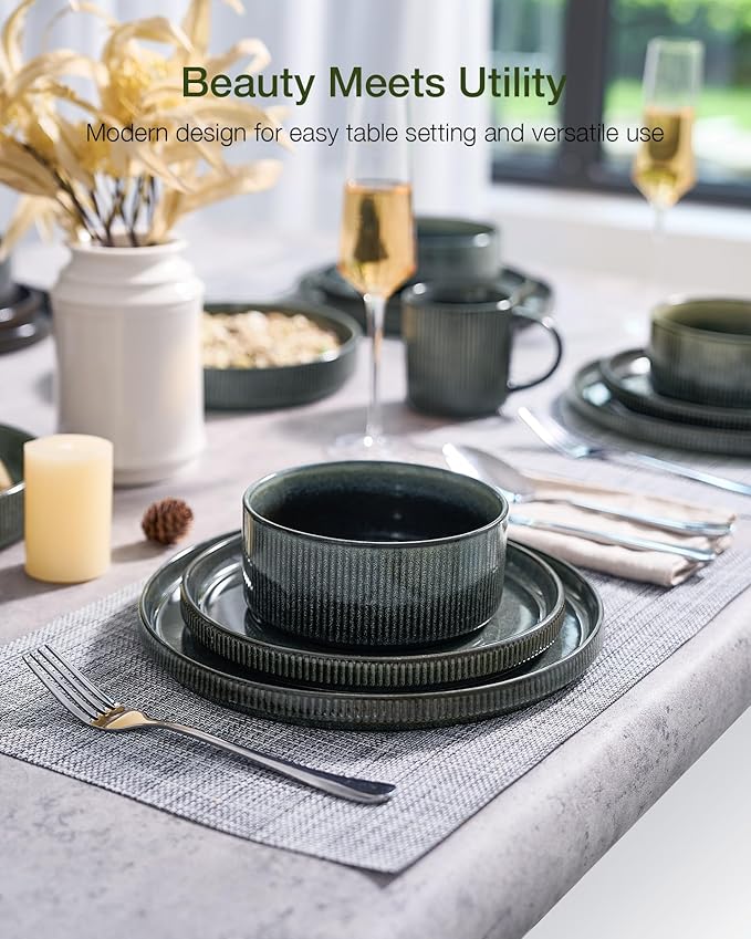 Famiware Star 24-Piece Stoneware Dinnerware Sets, Service for 6 - Shallow Pasta Bowls & Flat Plates, Modern Rustic Reactive Glaze Dishes, Chip/Scratch Resistant, Microwave/Dishwasher Safe, Deep Forest