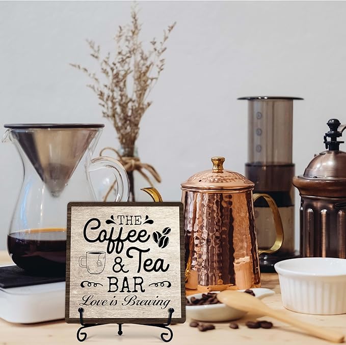 Coffee Bar Sign, Love is Brewing Farmhouse Tabletop Decor, Coffee and Tea Lover Gifts, 5x5 Wood Plaque with Iron Stand for Home Kitchen Cafe, Coffee Bar Decor – L10