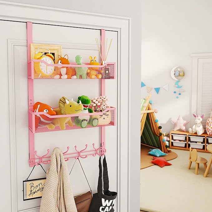 SWTYMIKI Over The Door Hooks Organizer - Multi-Functional Door Hanger with 16 Hooks & 2 Mesh Baskets, Long Coat Rack for Bathroom, Bedroom, Living Room, Home Storage Organizer, Pink