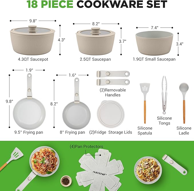 NutriChef 18-Piece Ceramic Cookware Set with Detachable Handles, Non Stick Pots and Pans, PTFE-Free Natural Ceramic Coating, Space-Saving Design, Oven & Stove Safe, Includes Utensils, Cream