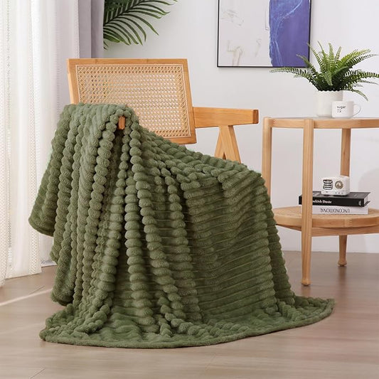 Olive Green Fleece Throw Blanket 50”×60” for Couch Sofa Bed,Super Soft Cozy Plush Microfiber Flannel Blanket with Stripes Design Lightweight for Adults,Woman,Girls