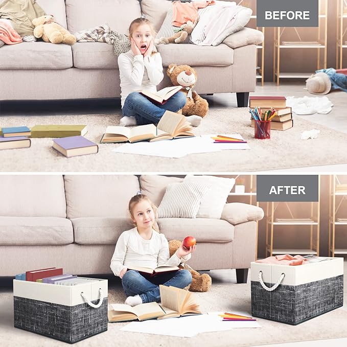 Fab totes Storage Bins [38-Pack], Foldable Storage Baskets for Organizing Toys, Books, Shelves, Closet, Large Storage Box with Rope Handles, Sturdy Organizer Bins, White & Black