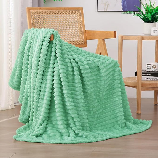 Mint Green Fleece Throw Blanket 50”×60” for Couch Sofa Bed,Super Soft Cozy Plush Microfiber Flannel Blanket with Stripes Design Lightweight for Adults,Woman,Girls