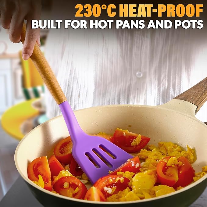 12 Pcs Purple Kitchen Utensils Set with Holder for Nonstick Cookware - Silicone Cooking Utensils Set, Kitchen Tools for Daily Cooking - Wooden Handle Cooking Tools for Baking Serving and Mixing Tasks
