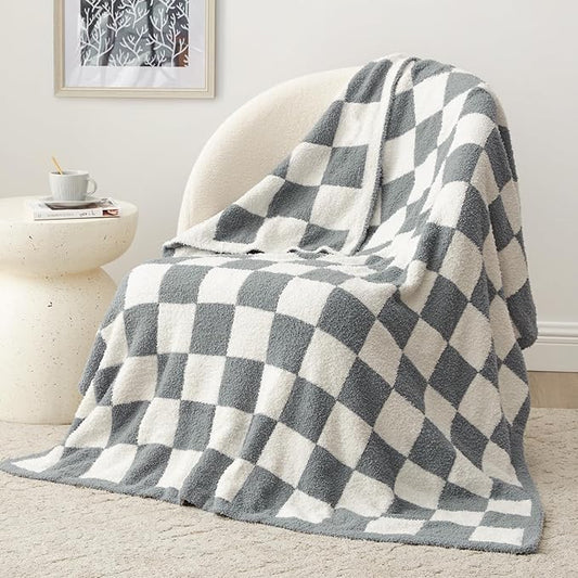 EXQ Home Checkered Throw Blanket, Knitted Blanket with Checkerboard Grid Pattern, Soft Cozy Fluffy Blankets for Couch Bed Sofa, Warm Fuzzy Plaid Blanket for All Seasons(Bluish Grey, 50"×60")
