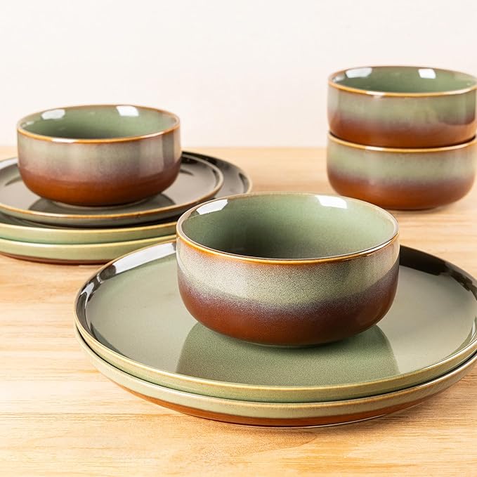 TheTerra Ceramic Dinnerware Sets for 8, 24 Pieces Handmade Reactive Glaze Plates and Bowls Set, Scratch Resistant Dish Set, Oven & Microwave & Dishwasher Safe, Sage Umber