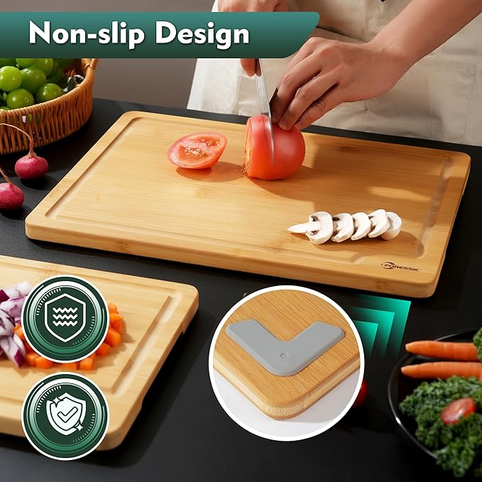 Bamboo Cutting Board Natural Bamboo Set With Smooth Surface 4 Packs with Non Slip Feet Holder and Over Sink Solid Thick Durable Wood Charcuterie Serving Tray Vegetables Fruits Kitchen Gifts (Natural)