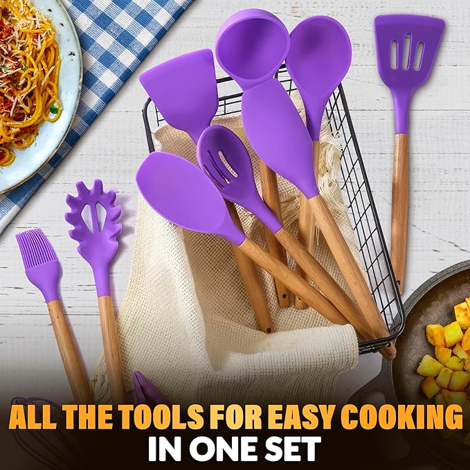 12 Pcs Purple Kitchen Utensils Set with Holder for Nonstick Cookware - Silicone Cooking Utensils Set, Kitchen Tools for Daily Cooking - Wooden Handle Cooking Tools for Baking Serving and Mixing Tasks