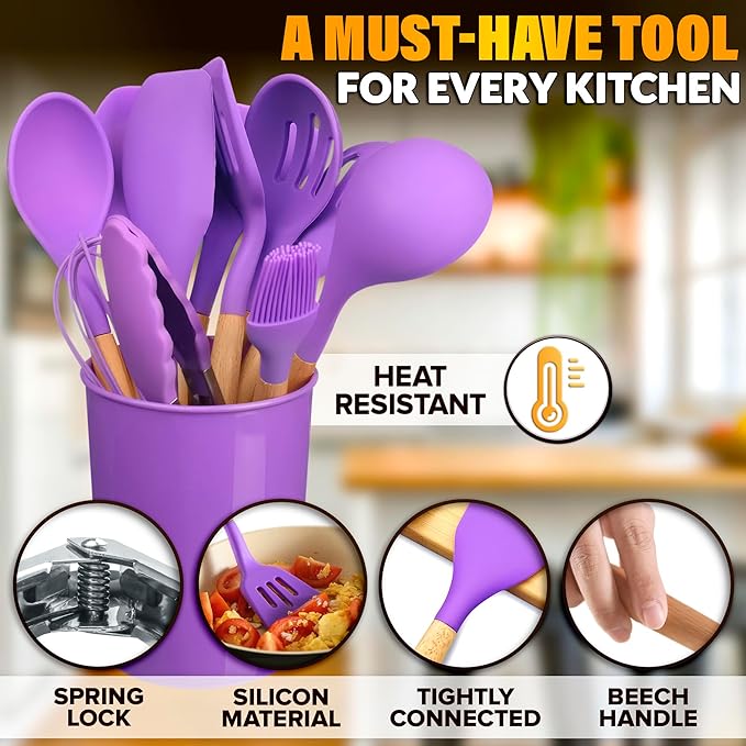 12 Pcs Purple Kitchen Utensils Set with Holder for Nonstick Cookware - Silicone Cooking Utensils Set, Kitchen Tools for Daily Cooking - Wooden Handle Cooking Tools for Baking Serving and Mixing Tasks