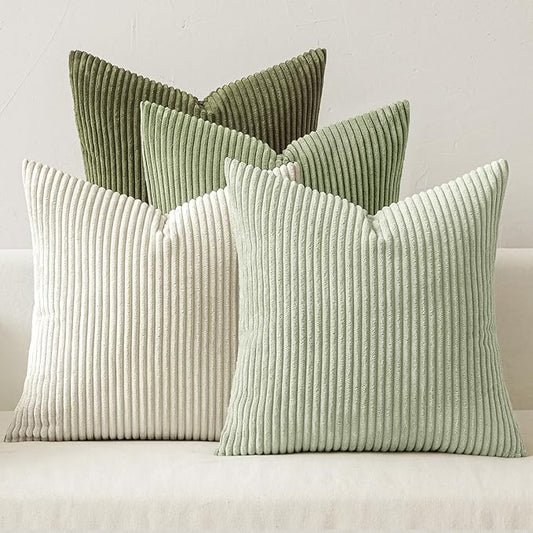MIULEE Decorative Throw Pillow Covers Set of 4 Summer Light Green Gradient Natural Earthy Modern Classic Soft Corduroy Cushion Covers for Sofa Couch Bed Living Room Spring Home Decor 18x18 Inch