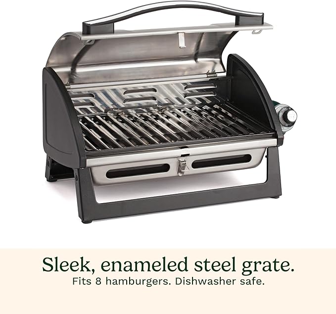 Cuisinart Grillster Portable Gas Grill, Stainless Steel Compact BBQ Grill with Locking Lid for Easy Transport, 8000 BTU Propane Grill with Dishwasher Safe Cooking Grate, Small Grill for Camping & BBQs